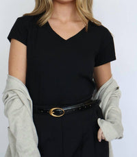 Reign the Label Women's Croco Clean Stitched Belt With Oval Buckle in black - women's accessory - detail view