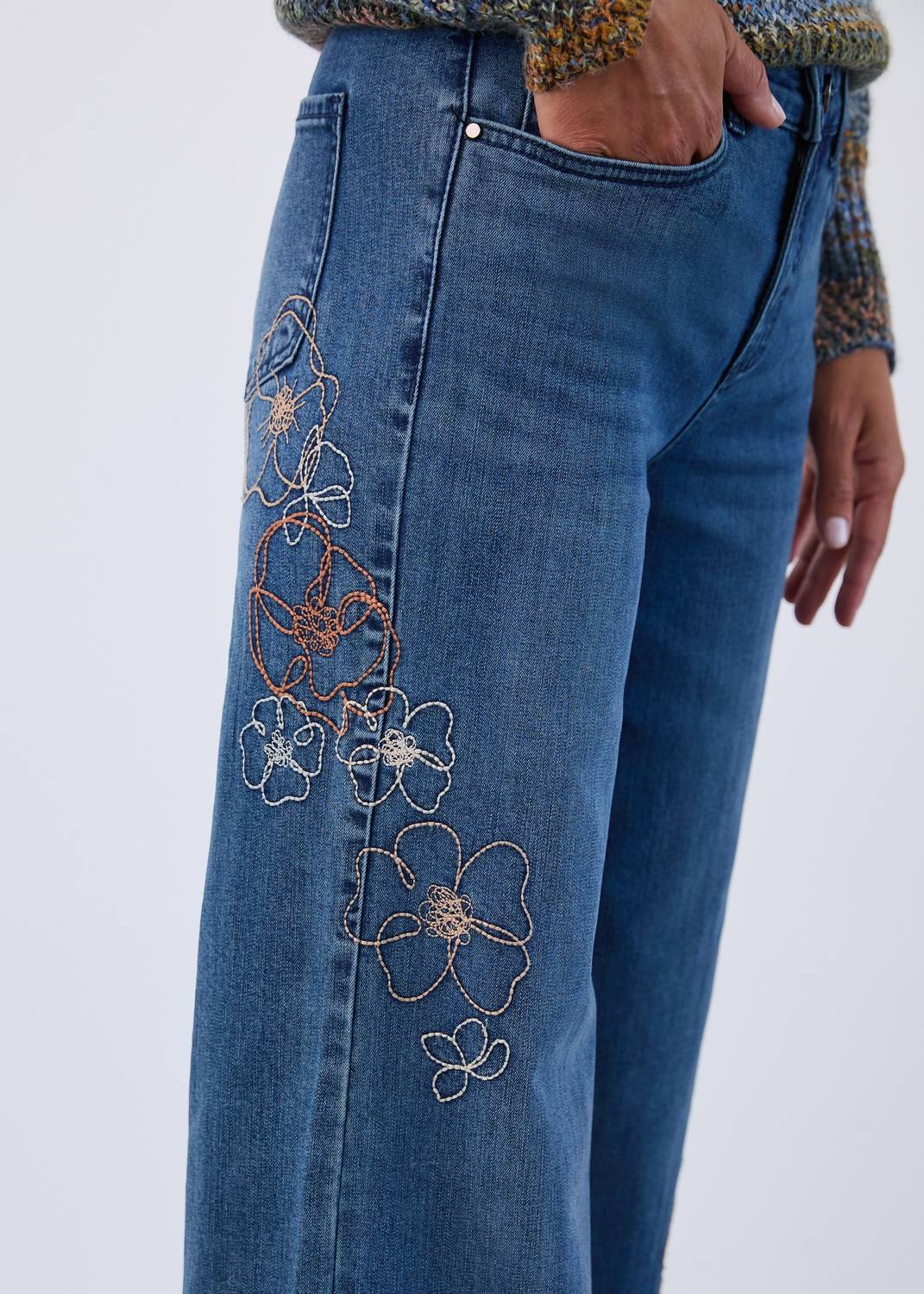 FDJ Christina Embroidered Wide Leg Jeans in medium dark wash - women's jeans - alternate view