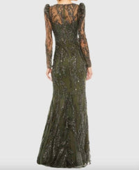 MAC DUGGAL Beaded V Neck Gown in olive green - women's dress - detail view