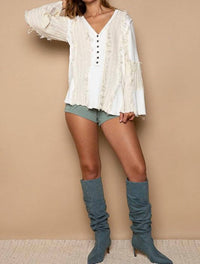 Pol - Flare Sleeve Contrast Panels V-neck Knit Top