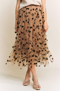 Sweet Generis All Frills Velvet Heart Flocked Midi Skirt in mocha - women's skirt