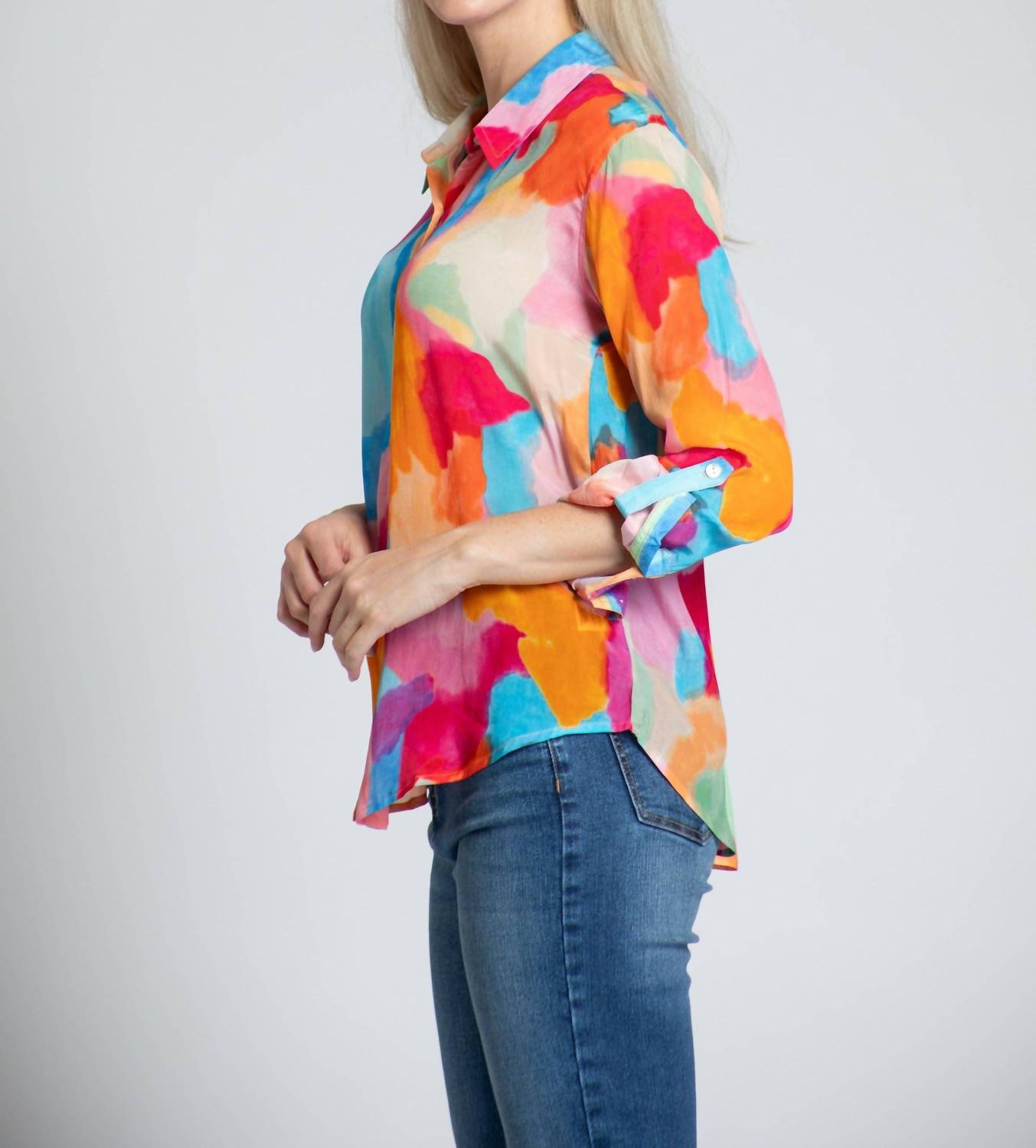 APNY Roll-up Sleeve Chiffon Button-up Shirt in orange multi - women's blouse - detail view