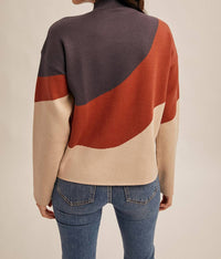 Hem & Thread Color Block Wave Mock Neck Sweater in navy brick taupe - women's sweater - alternate view