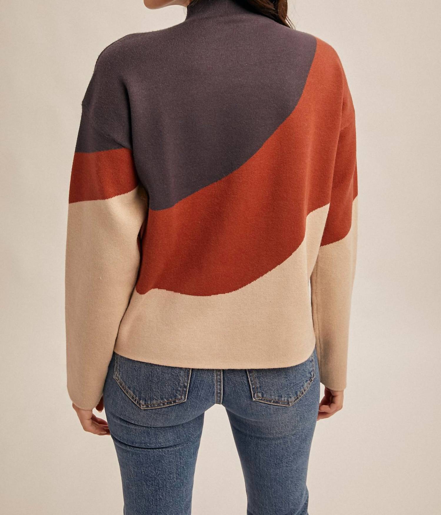 Hem & Thread Color Block Wave Mock Neck Sweater in navy brick taupe - women's sweater - alternate view