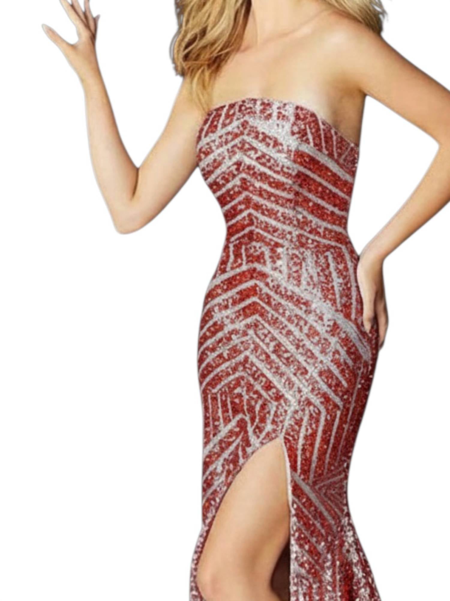 JOVANI Chevron Sequin Strapless High Slit Prom Gown in red - women's dress - detail view