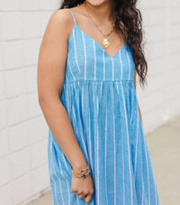 Olivaceous - Country Club Chambray Linen Striped Maxi Dress