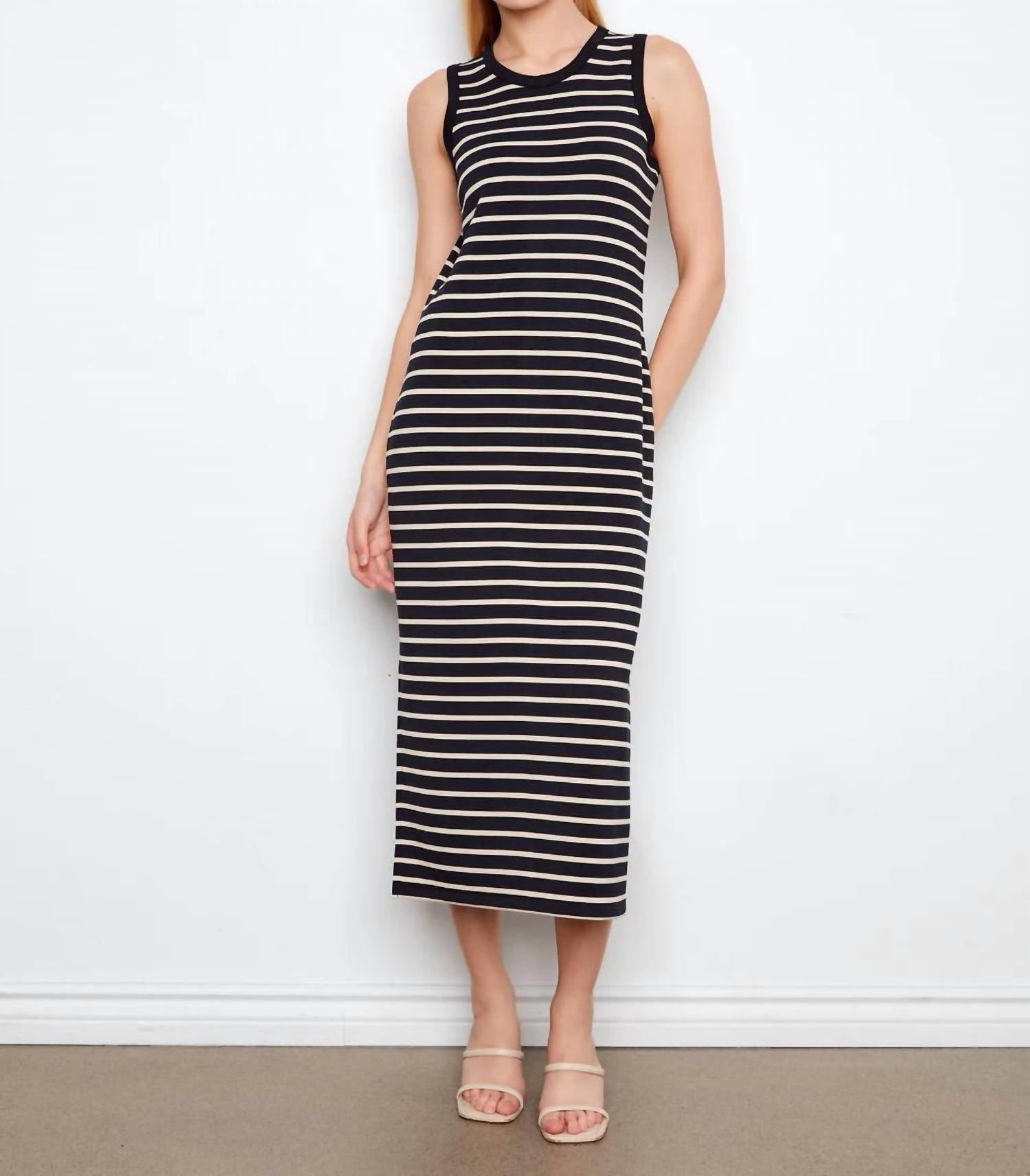 CHARLIE B Sleeveless Striped Scuba Maxi Dress in black beige - women's dress - detail view
