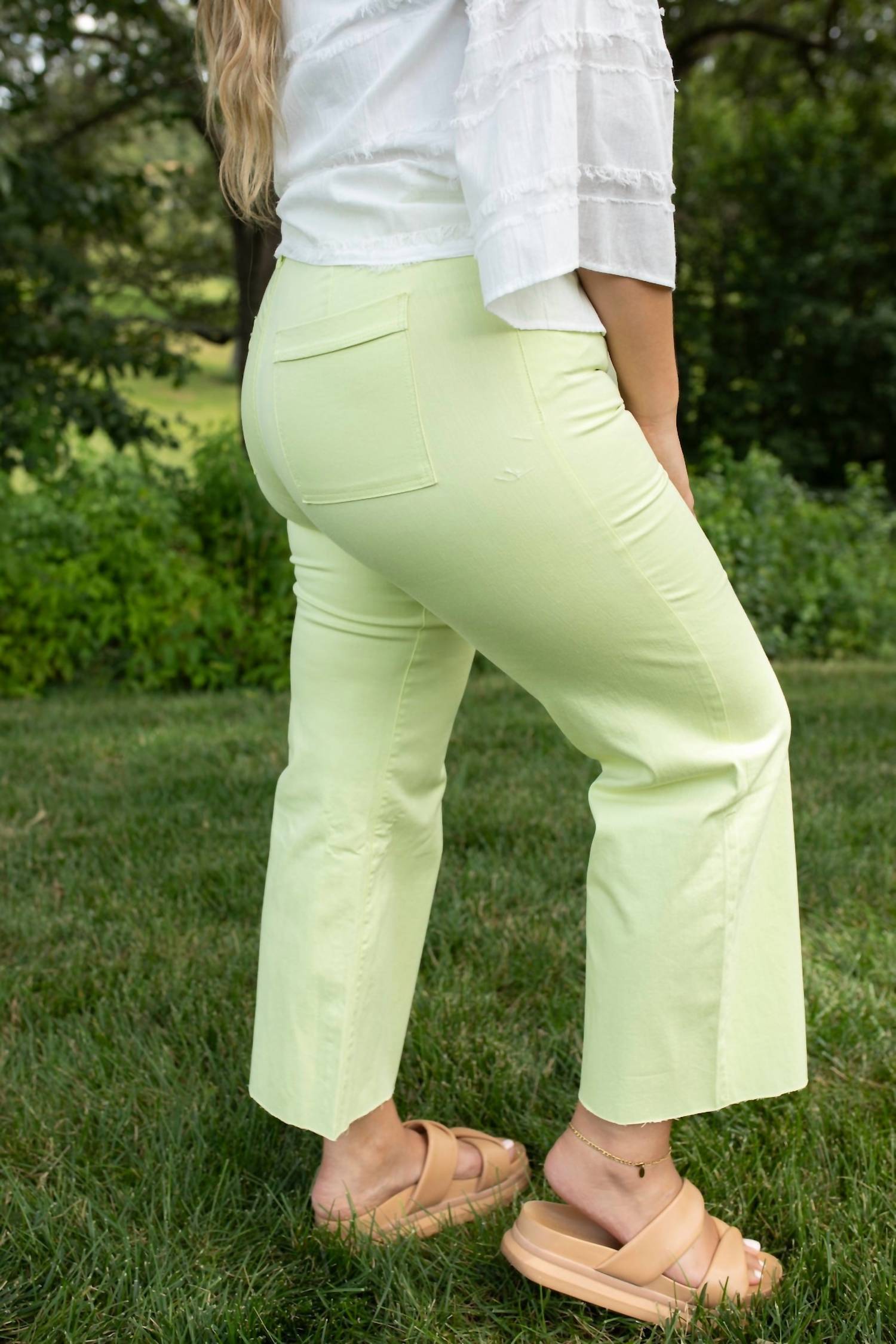 AnnieWear Wide Leg Cropped Jeans in lime green - women's jeans - detail view