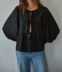 By Together Open Front Ribbon Tied Blouse in black - women's blouse