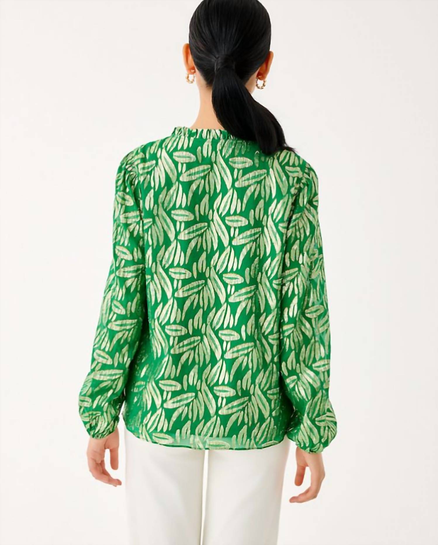 Lilly Pulitzer GIANA LONG SLEEVE SILK TOP in green - women's blouse - detail view