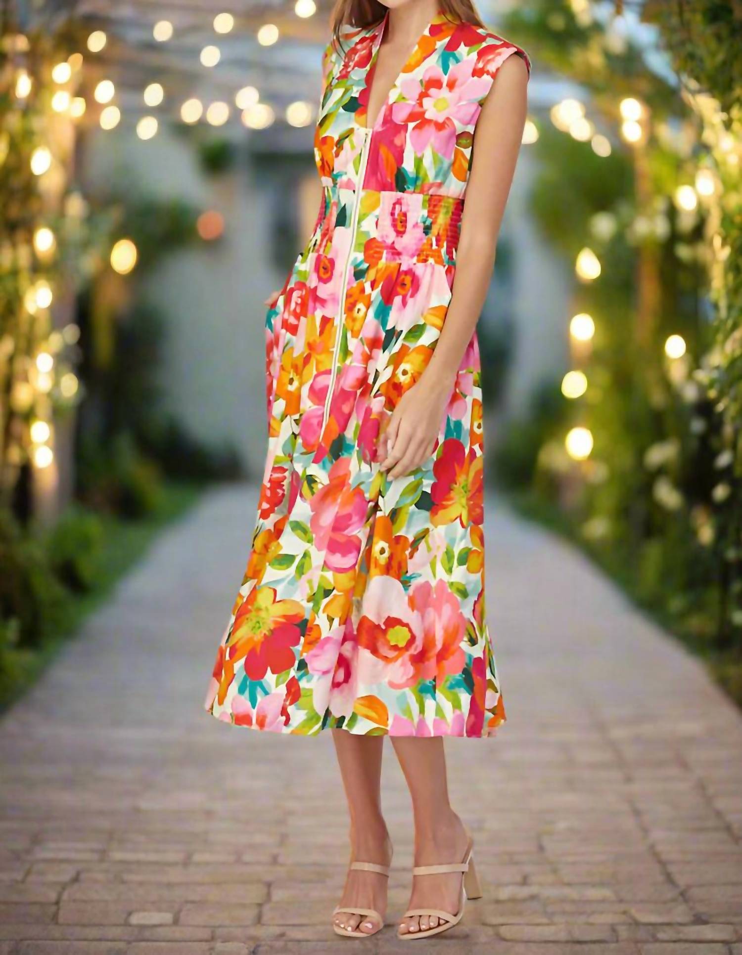 Fate - Floral Zip Front Sleeveless Midi Dress