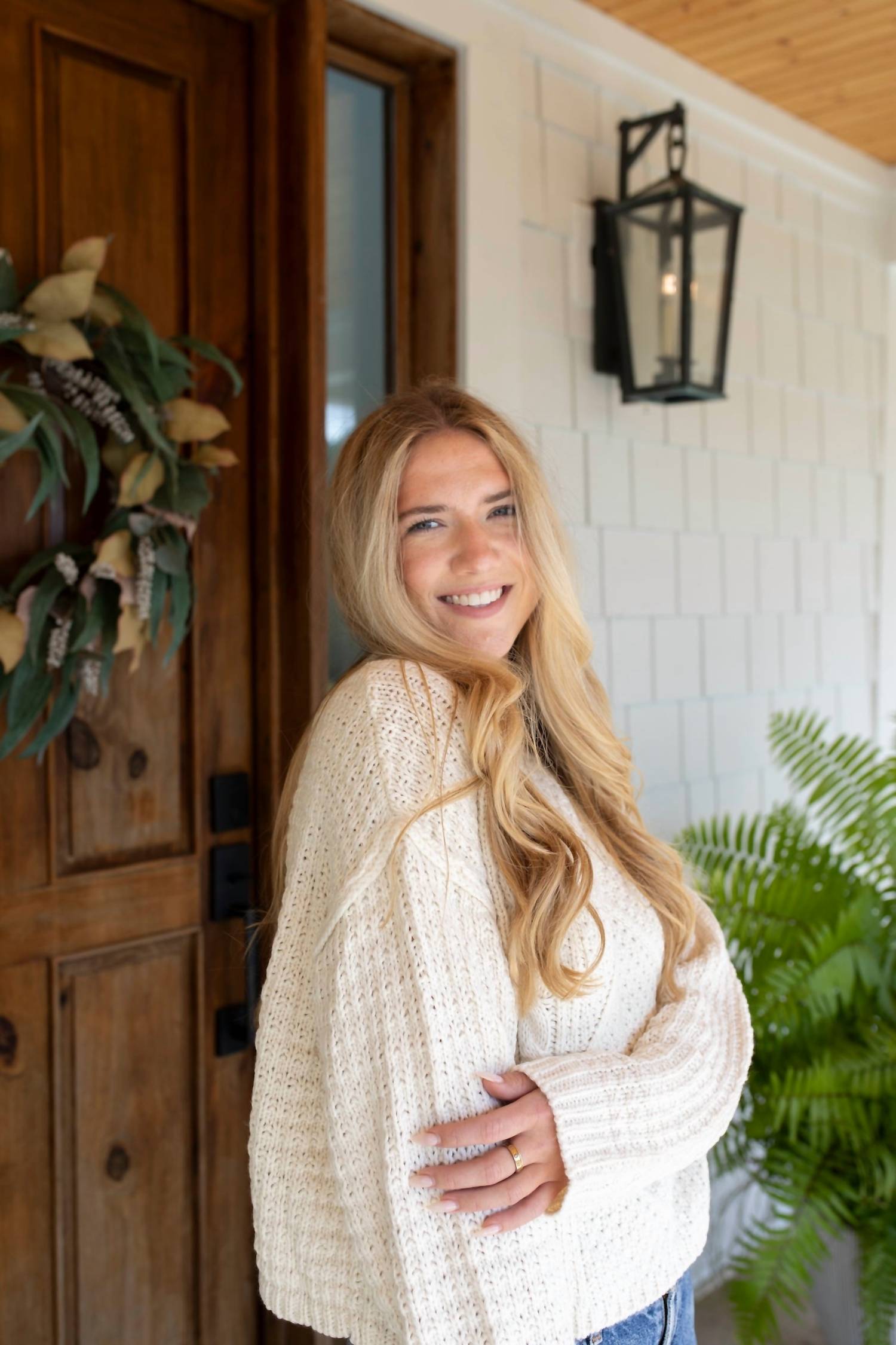 GRADE & GATHER Classic Cable Knit Sweater in ivory - women's sweater - alternate view