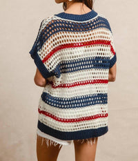 Bibi - Stripes Drop Shoulder Open Knit Top