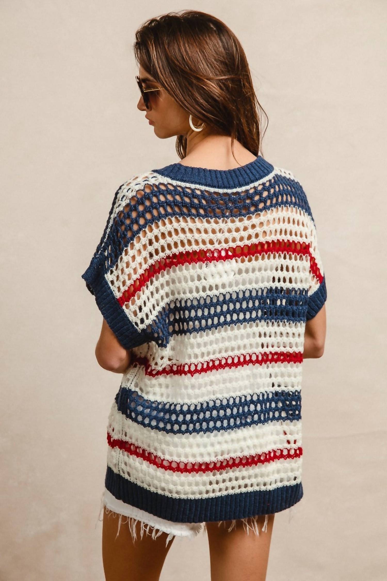 Bibi - Stripes Drop Shoulder Open Knit Top