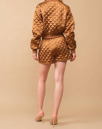 Blue B Quilted Crop Pocket Bomber Jacket With Matching Set in brown - women's sleepwear - detail view
