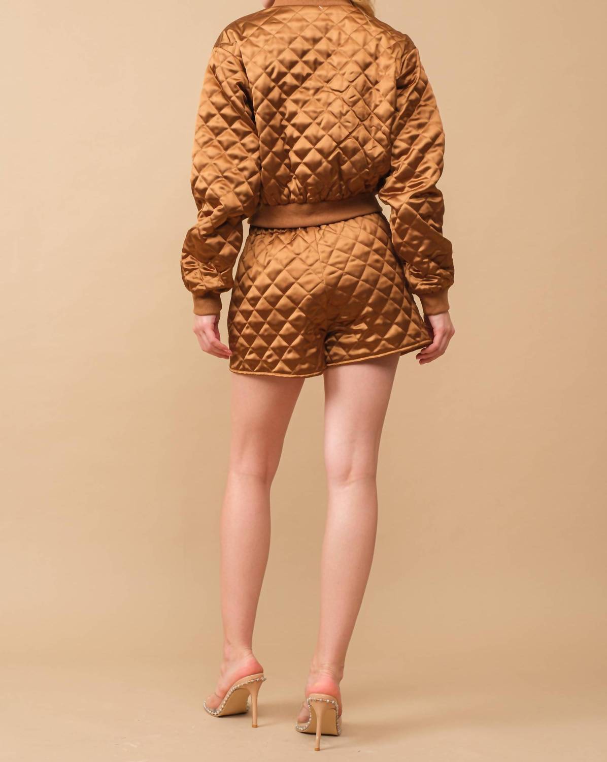 Blue B Quilted Crop Pocket Bomber Jacket With Matching Set in brown - women's sleepwear - detail view