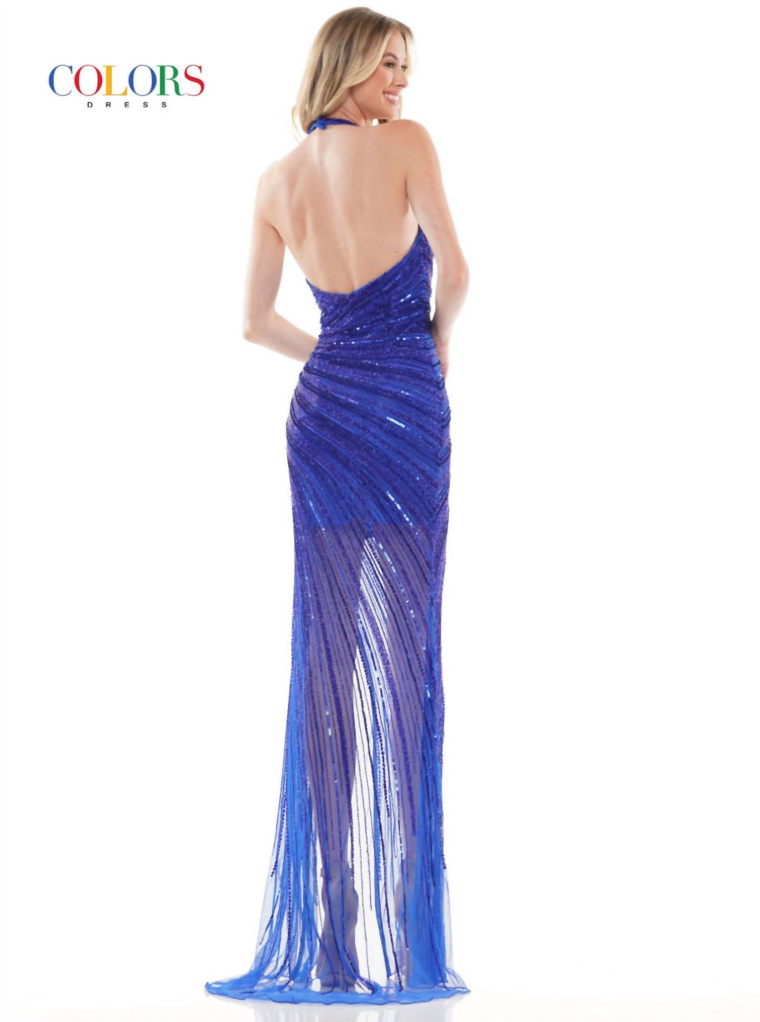 COLORS DRESS Halter V-neck High Slit Gown in royal - women's dress - alternate view