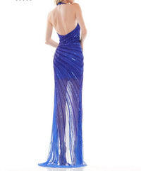 COLORS DRESS Halter V-neck High Slit Gown in royal - women's dress - detail view