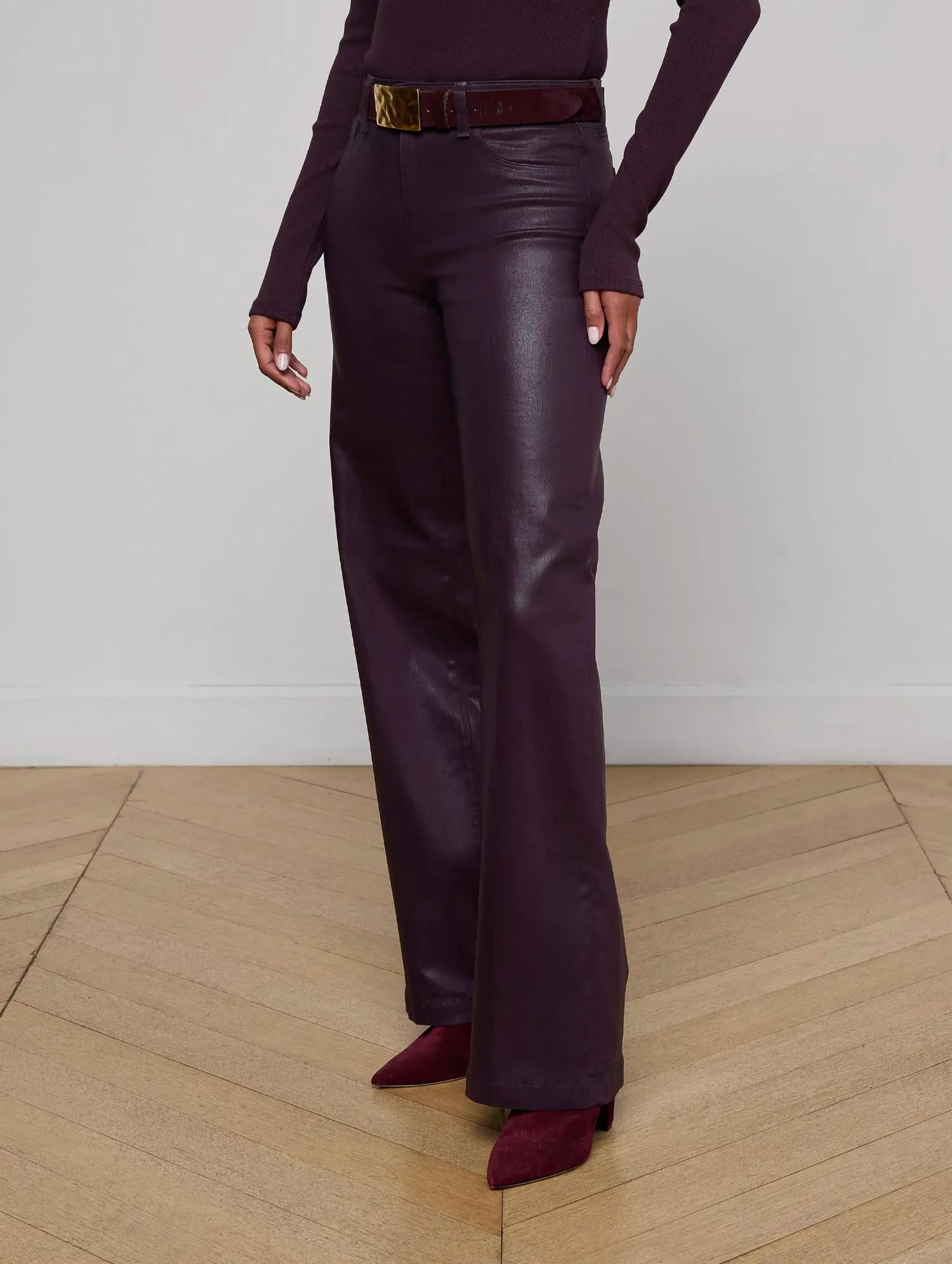 L'Agence Scottie Coated Wide Leg Pants in dark malbec - women's pants - detail view