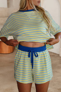 Shewin - Stripe Contrast Trim Boxy Terry Short Set