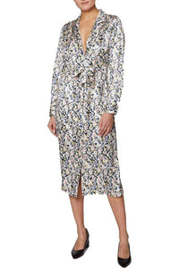 Laundry By Shelli Segal - Collared Long Sleeve Tie Waist Floral Print Satin Dress
