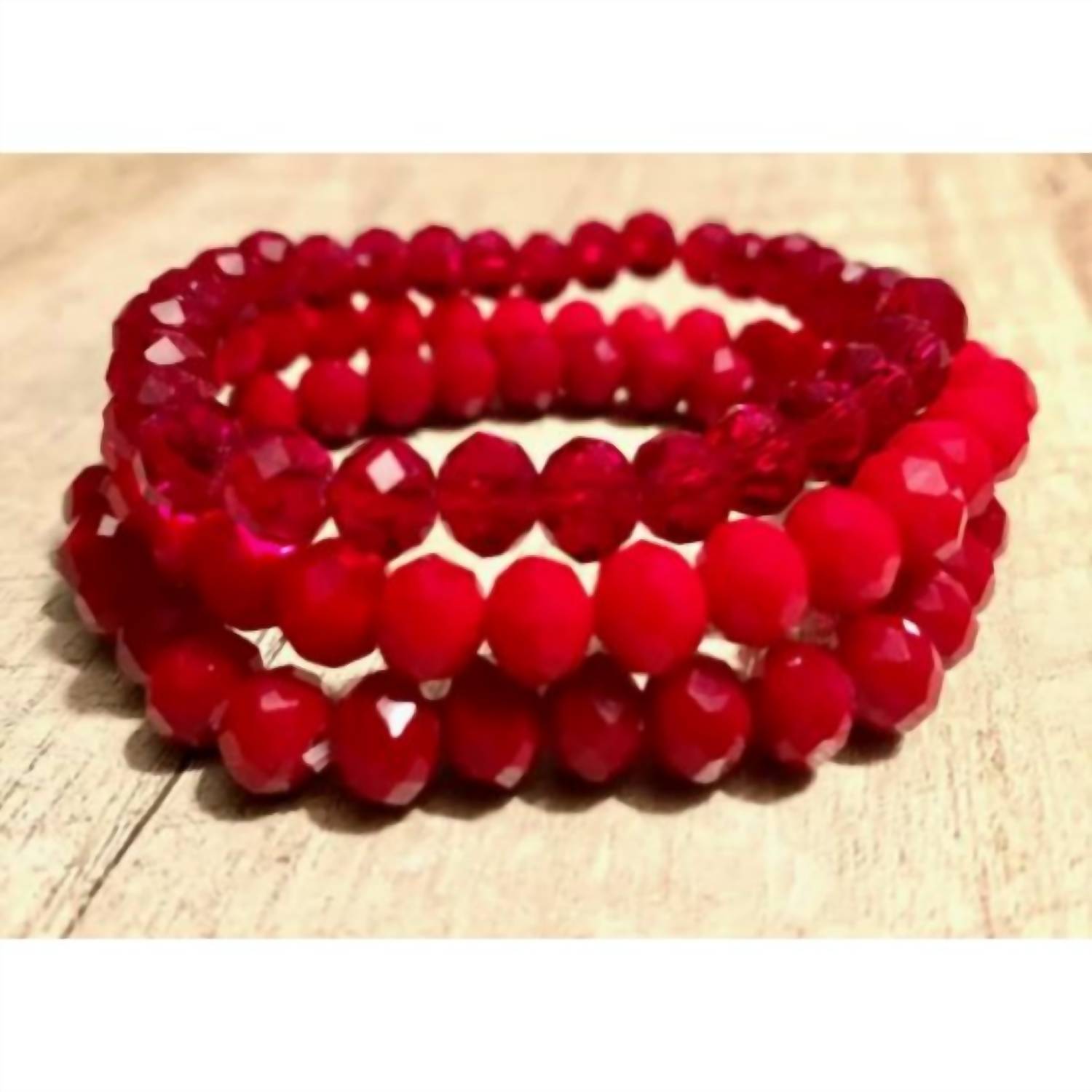 Sparkly South Wholesale Women's Three-pieces Crystal Bead Stretch Bracelet Set – 8mm in red hots - women's jewelry - detail view