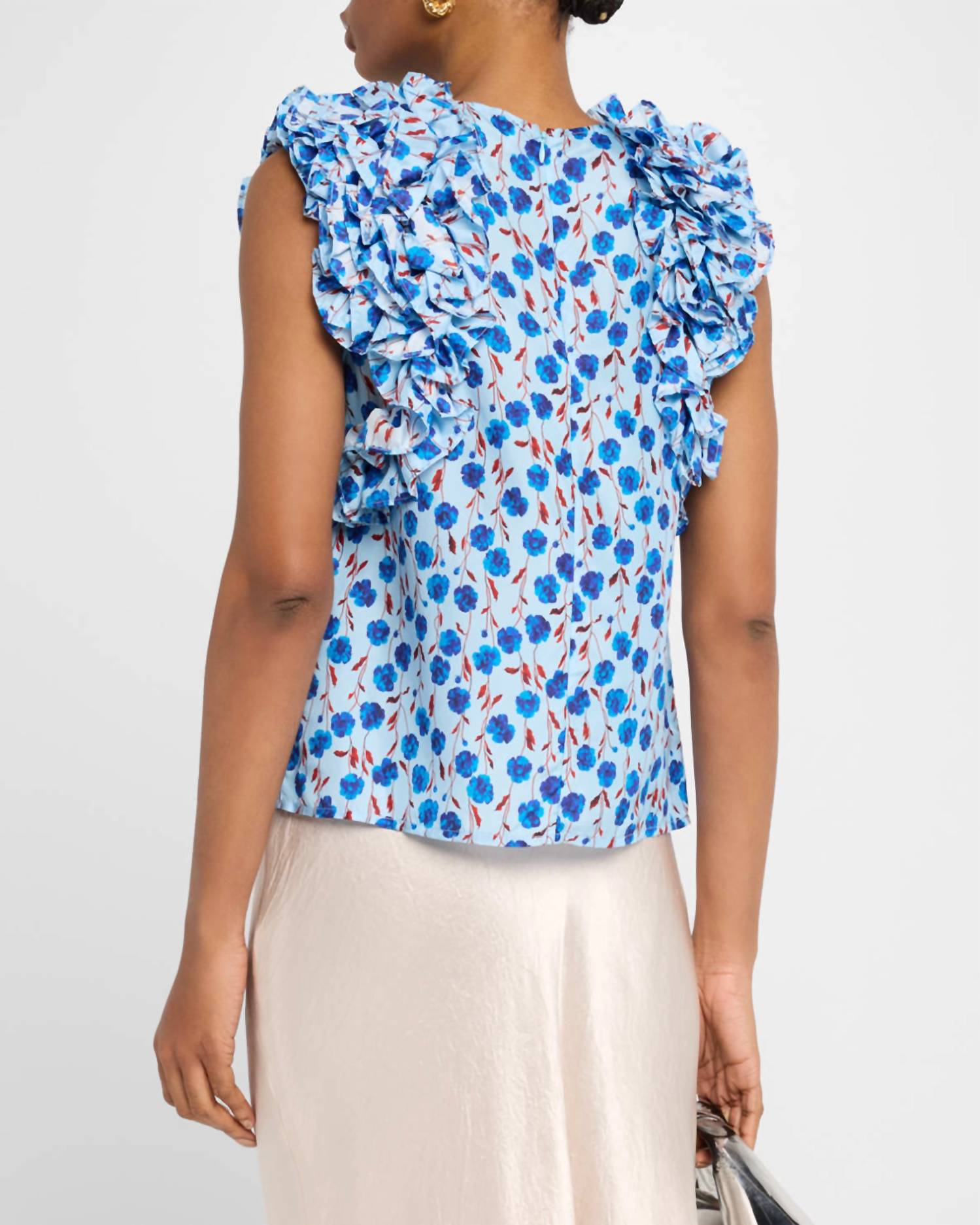 ESSENTIEL ANTWERP Honour Multi Ruffle Top in denim blue - women's blouse - detail view