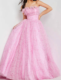 Jovani - Floral Print Ruffle Neckline Ballgown