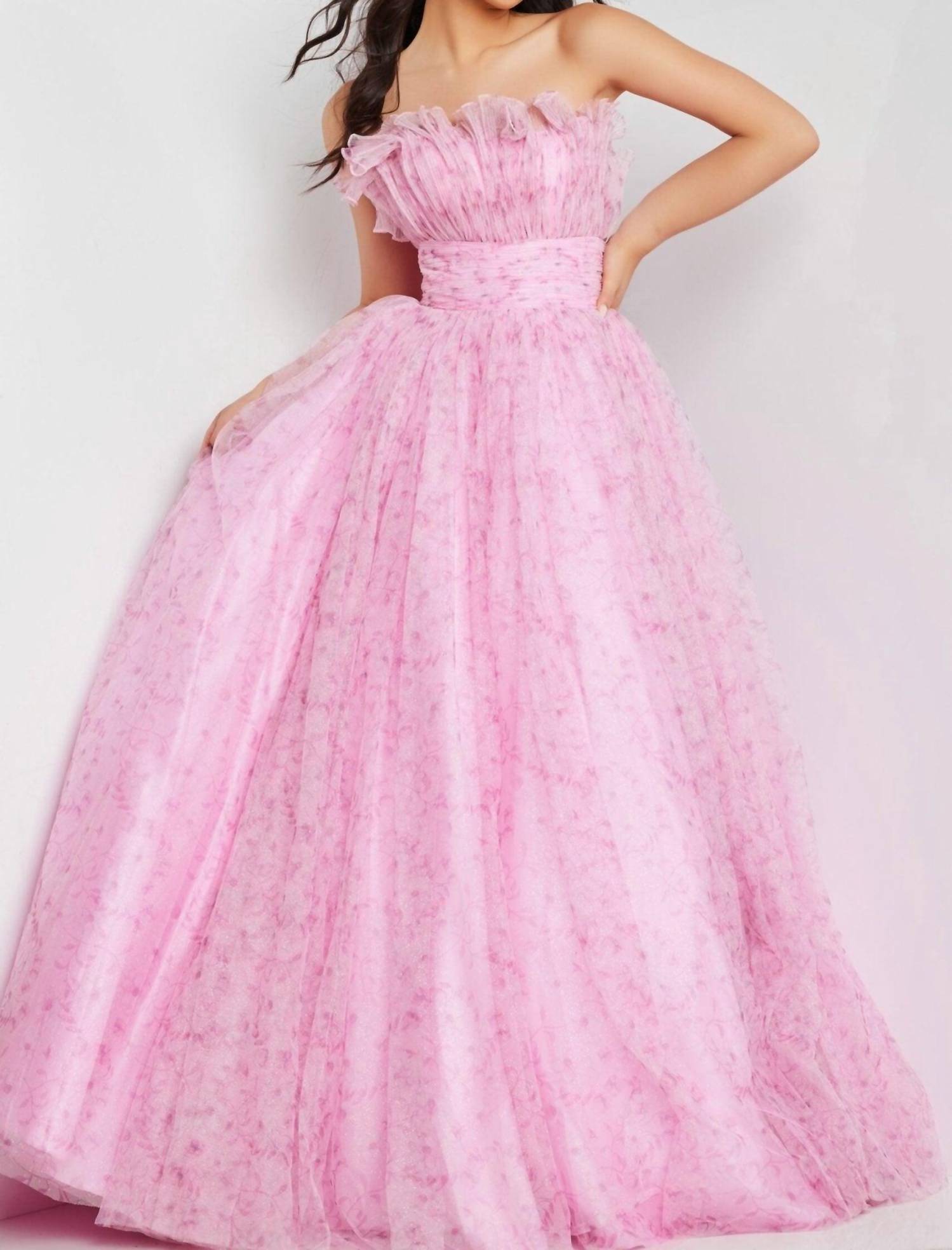 Jovani - Floral Print Ruffle Neckline Ballgown