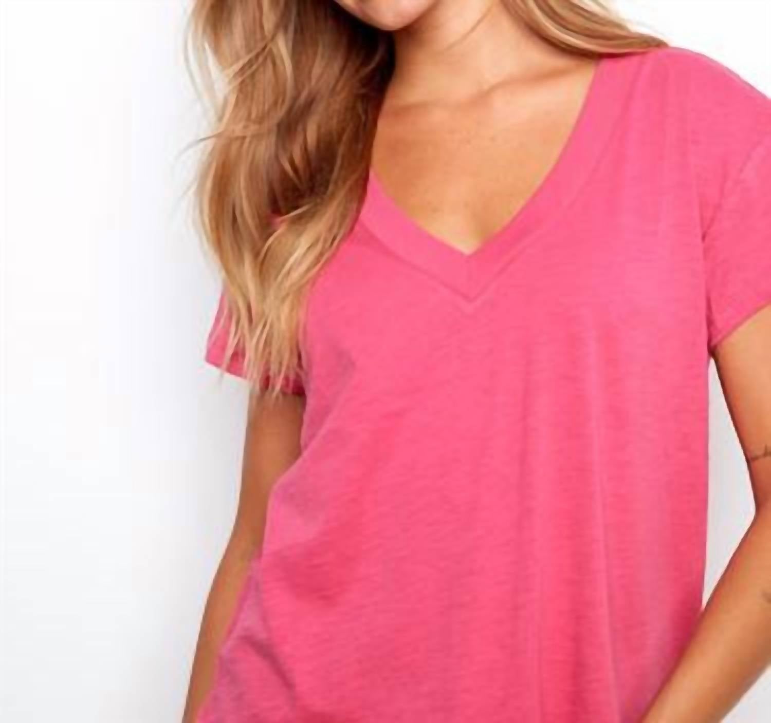 CHARLIE B Organic Cotton Drop Shoulder V-neck T-shirt in fuchsia - women's t-shirt - view 5