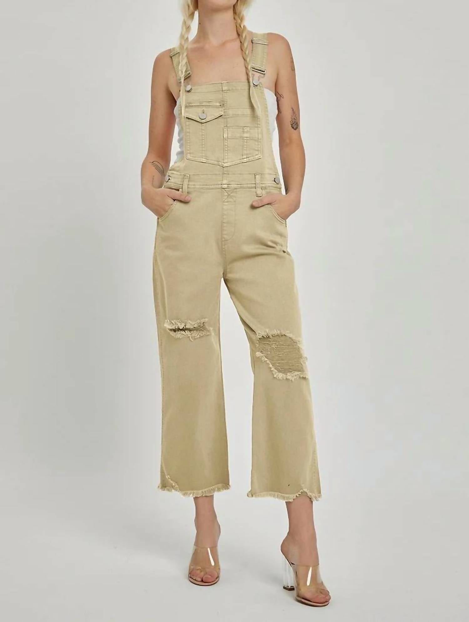 Risen - High Rise Distressed Denim Overalls