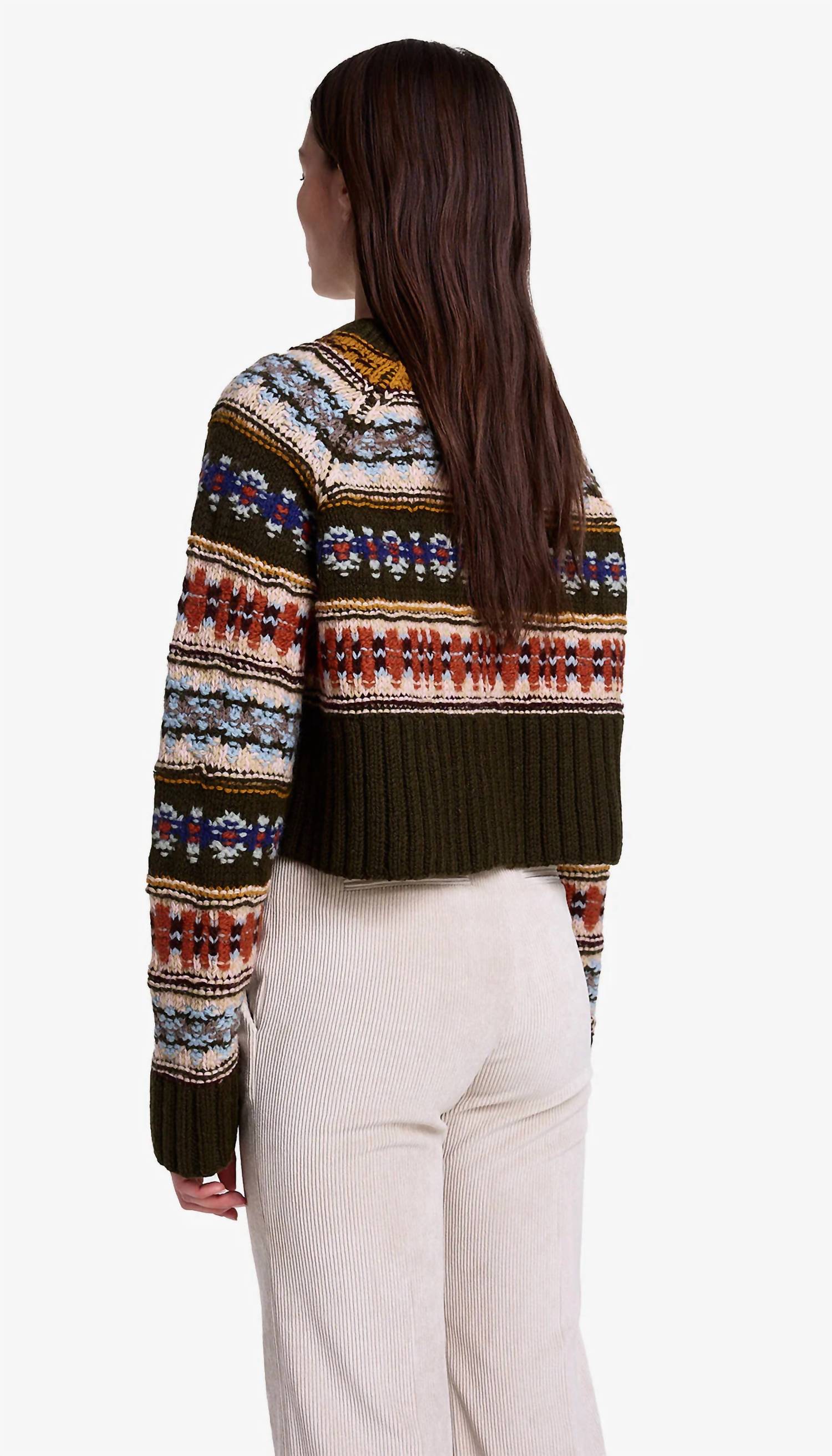 Smythe Handknit Cropped Crewneck Sweater in olive multi 1 - women's sweater - detail view