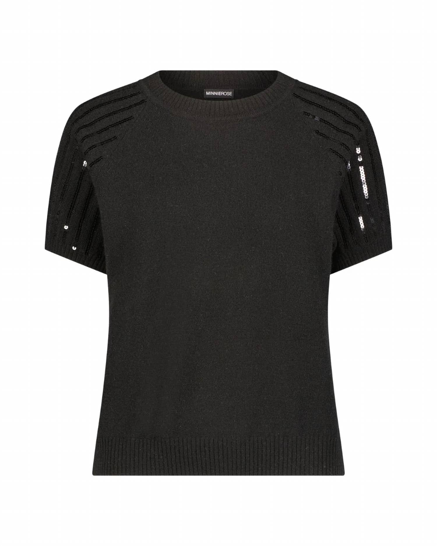 Minnie Rose - Women's Cashmere Raglan Crew Tee With Sequined Sleeves