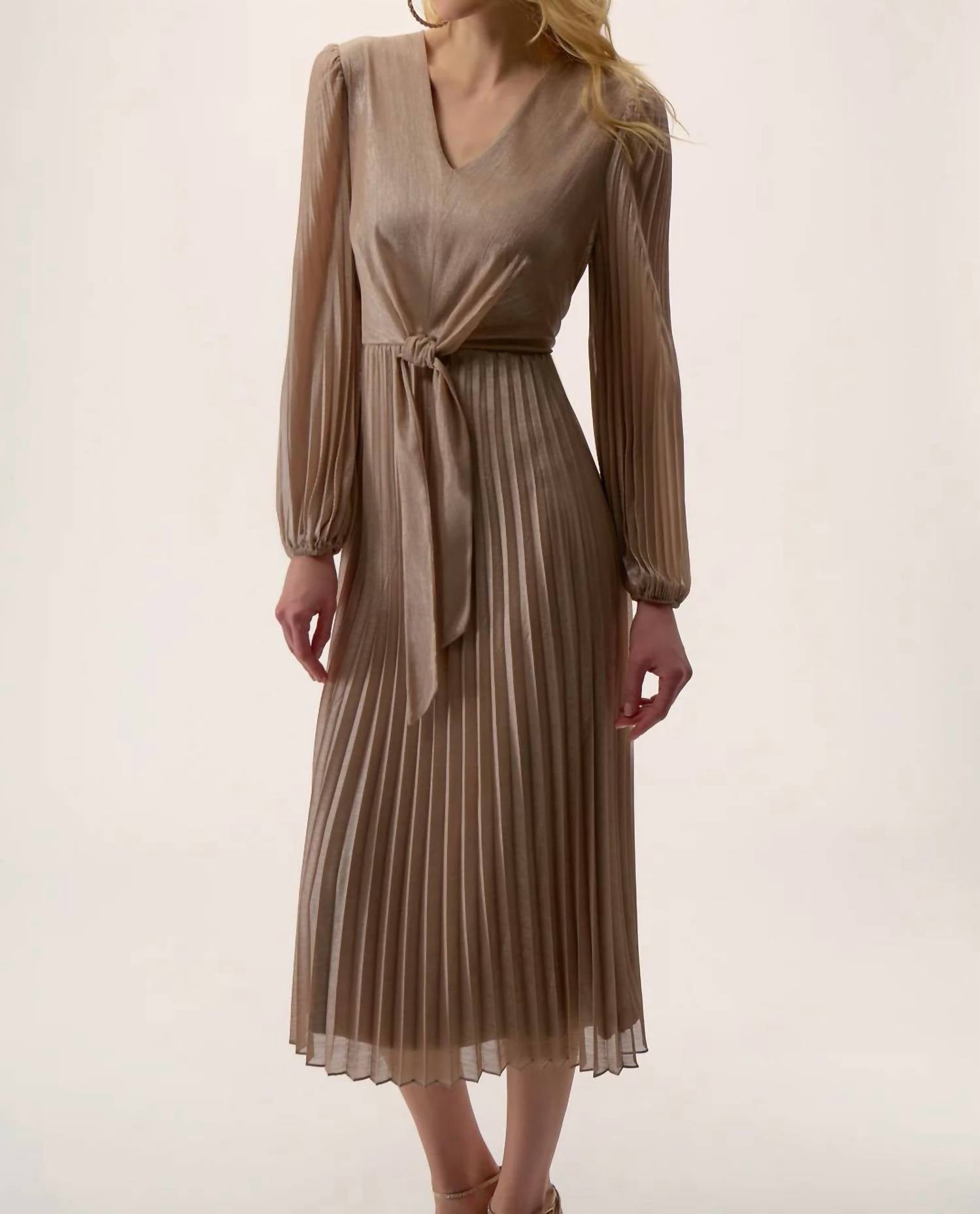 Joseph Ribkoff Waist Tie Puff Sleeve Pleated Fit And Flare Dress in taupe silver 1 - women's dress - alternate view