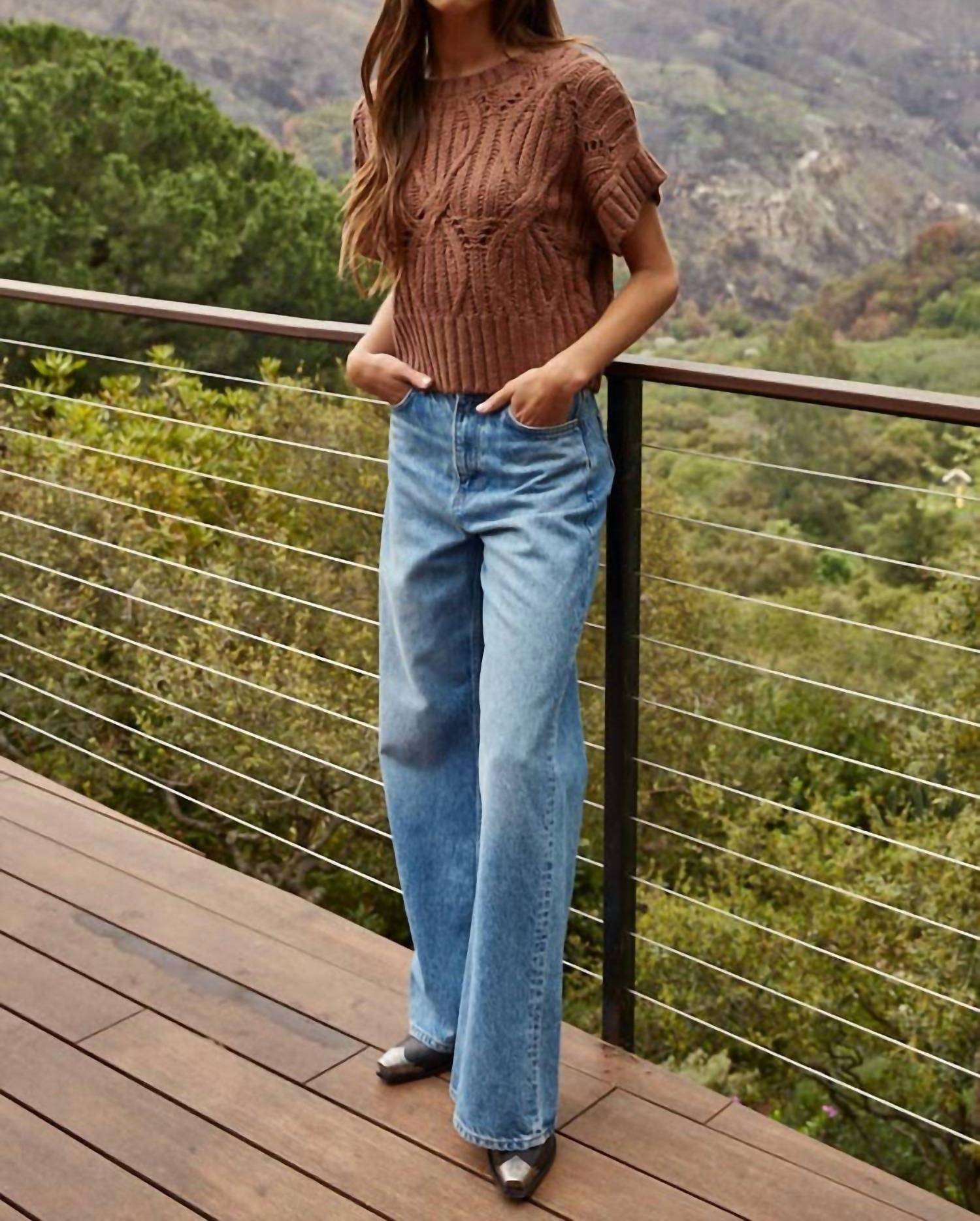By Together Round Neck Short Sleeve Crochet Sweater in dark brown - women's sweater - alternate view