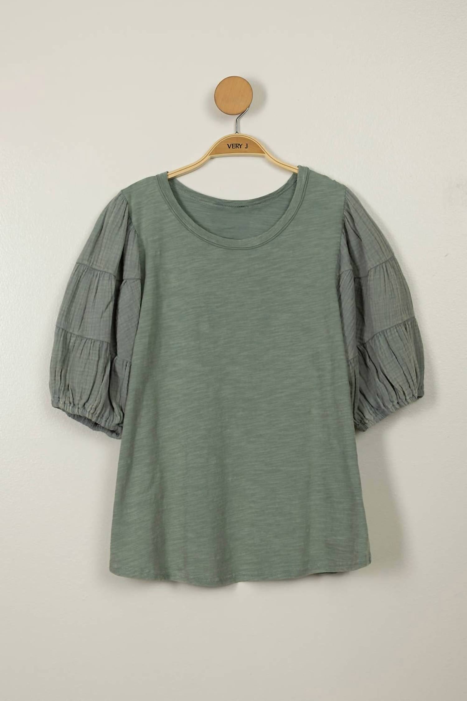 Very J - Women's Mineral Washed Puff Sleeve Top