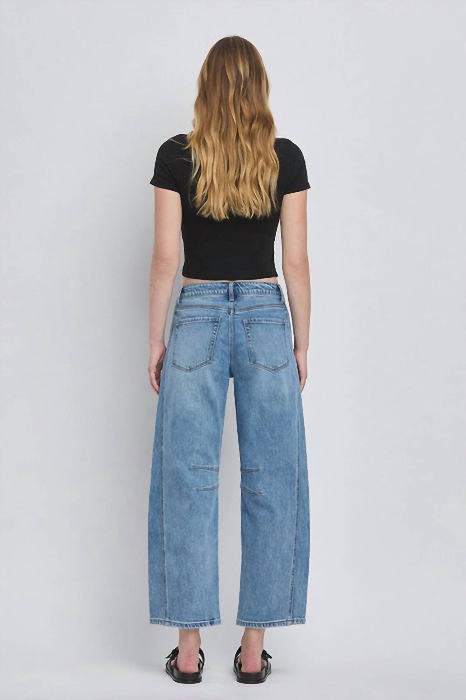 VERVET BY FLYING MONKEY Tinsley High Rise Barrel Jean in blue - women's jeans - detail view