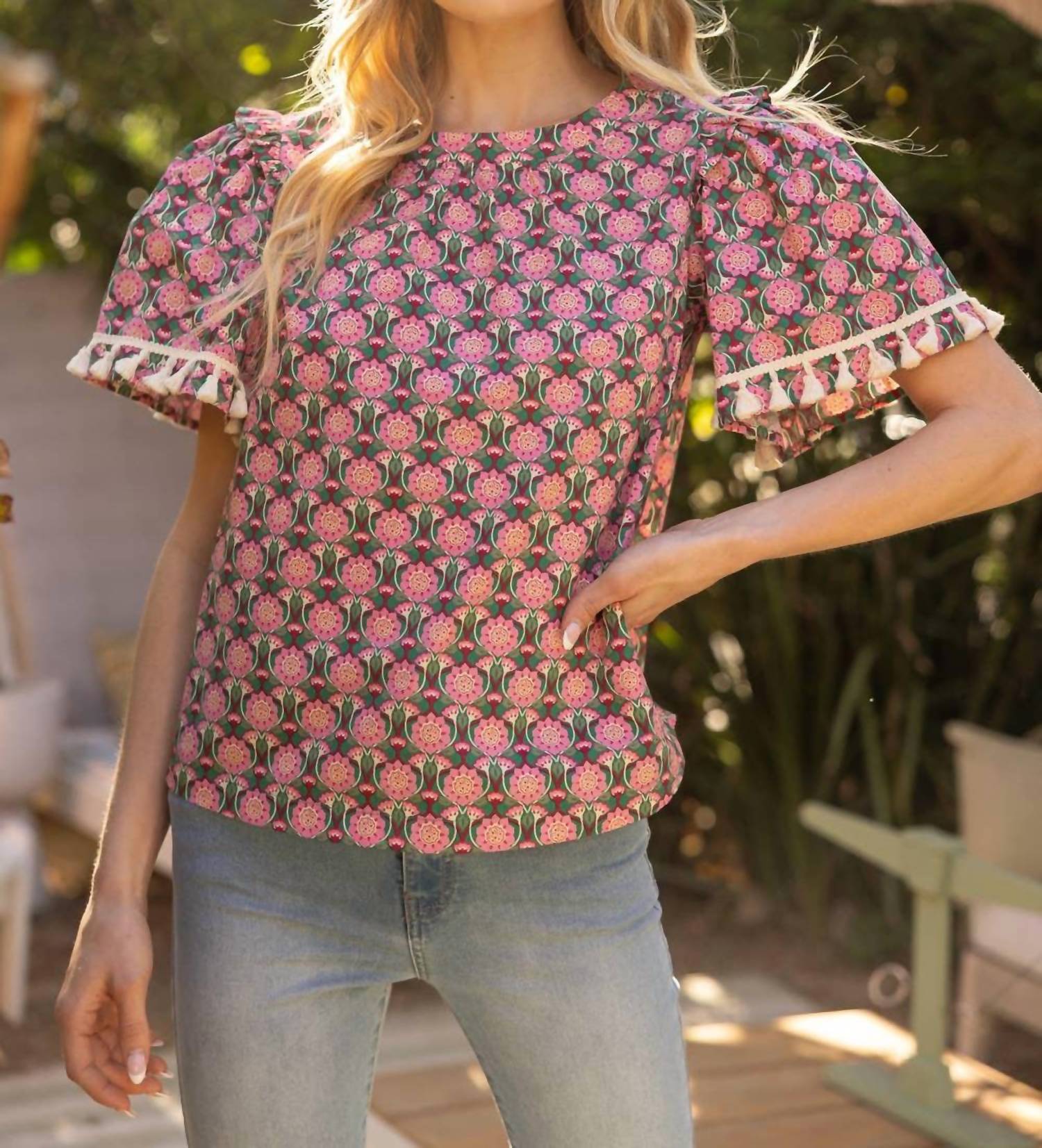 Voy - Torah Fringe Trim Short Sleeve Printed Top