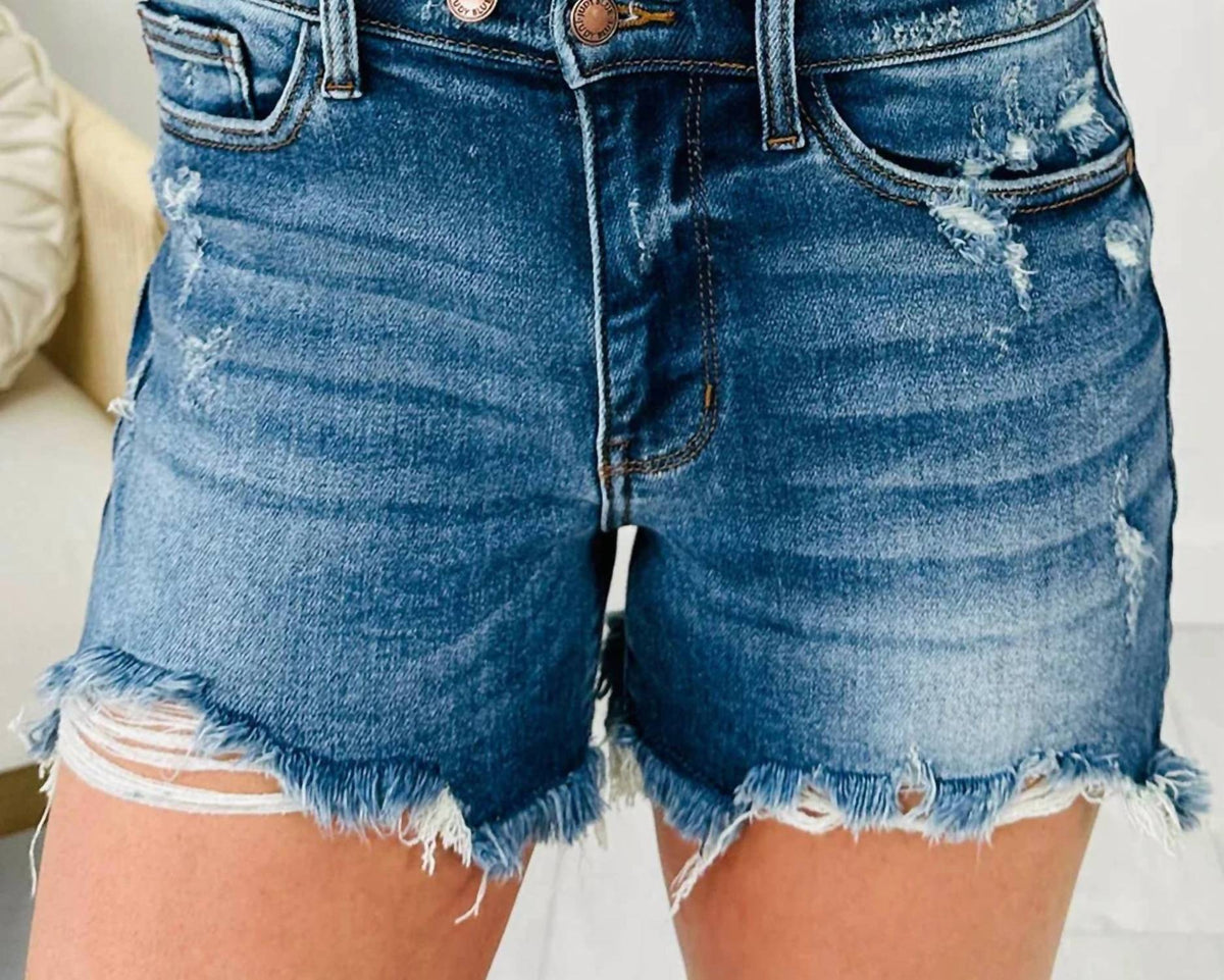 66Disco - Asymmetric Raw Hem Distressed Whiskery Denim Shorts