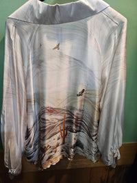 Made In Italy - Women's Silk Collared V-neck Long Sleeve Top With Print