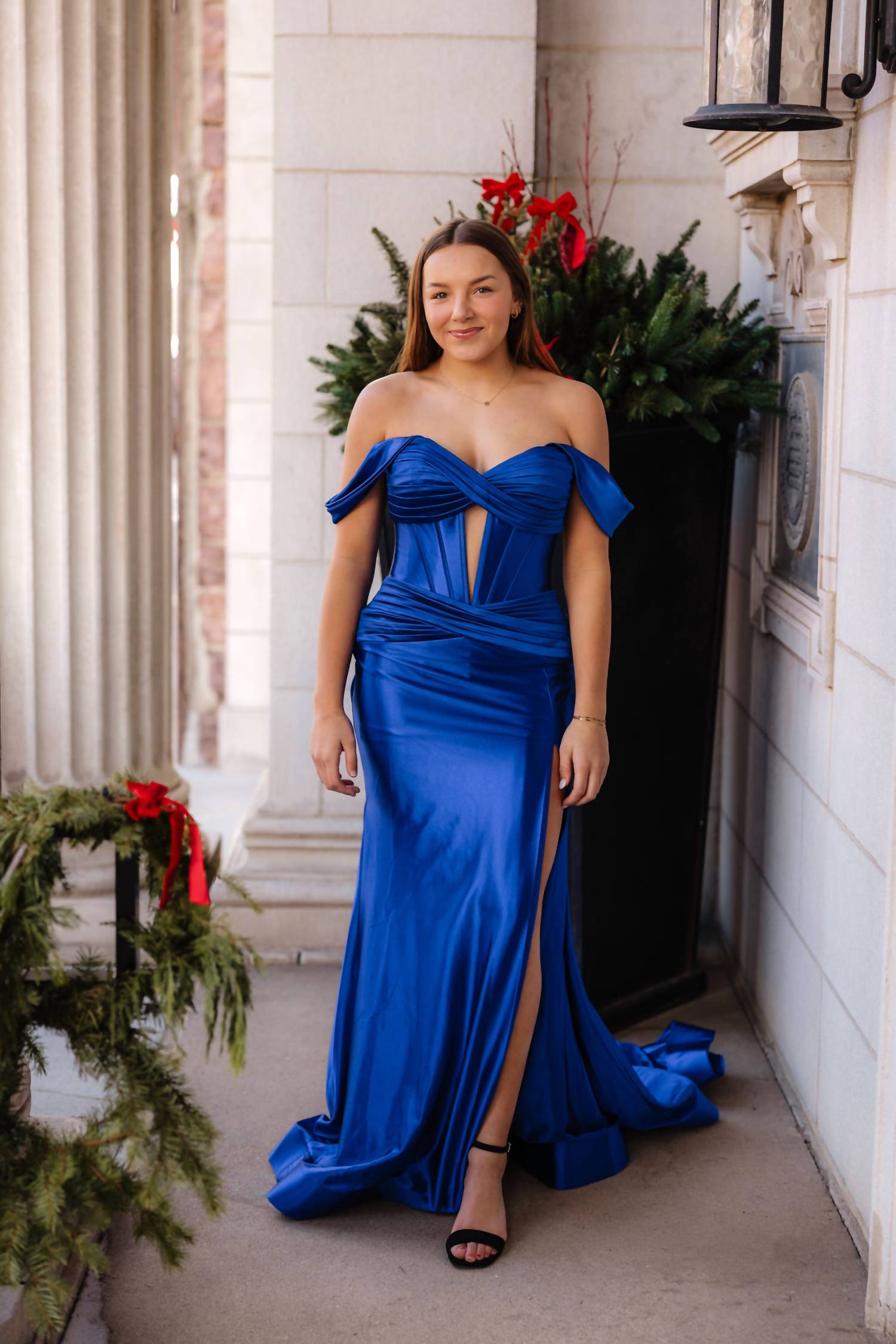 Sherri Hill Off The Shoulder Stretch Satin Prom Dress in royal - women's dress
