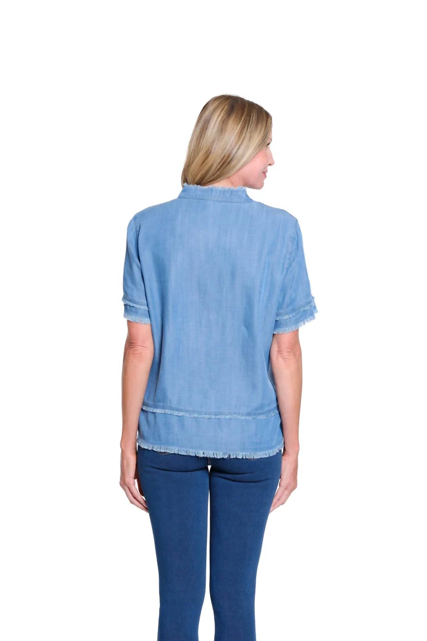 Multiples Fringe Hem Blouse in light indigo - women's blouse - alternate view