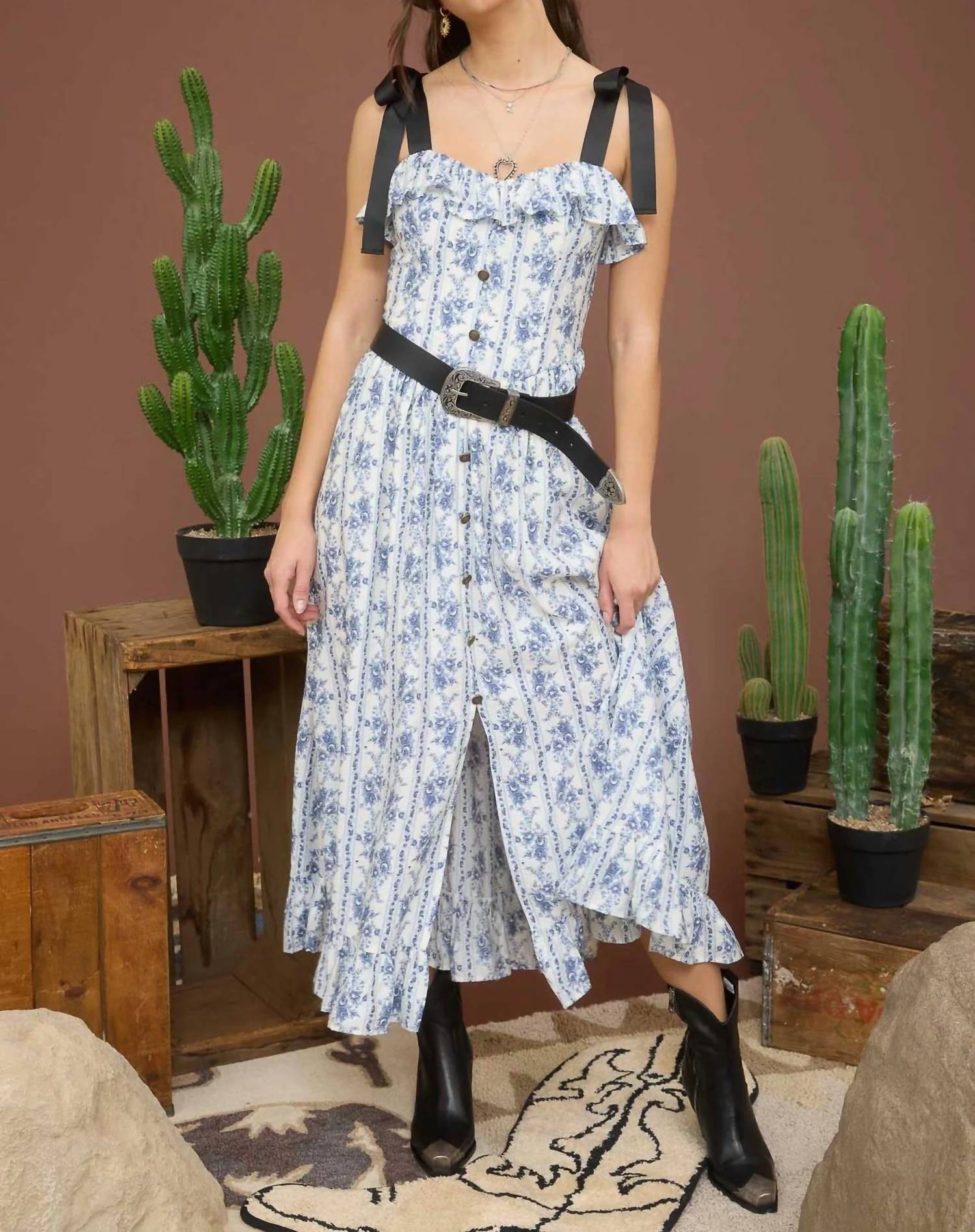 Blu Pepper - Striped Floral Ruffle Midi Dress