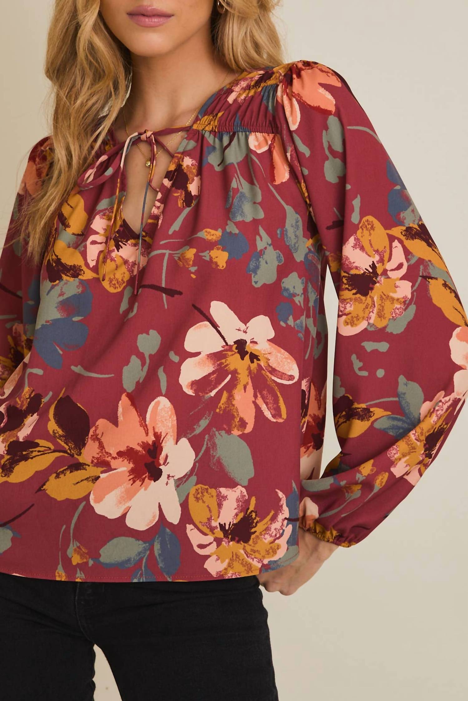 Gilli - V-neck Front Tie Long Sleeve Top