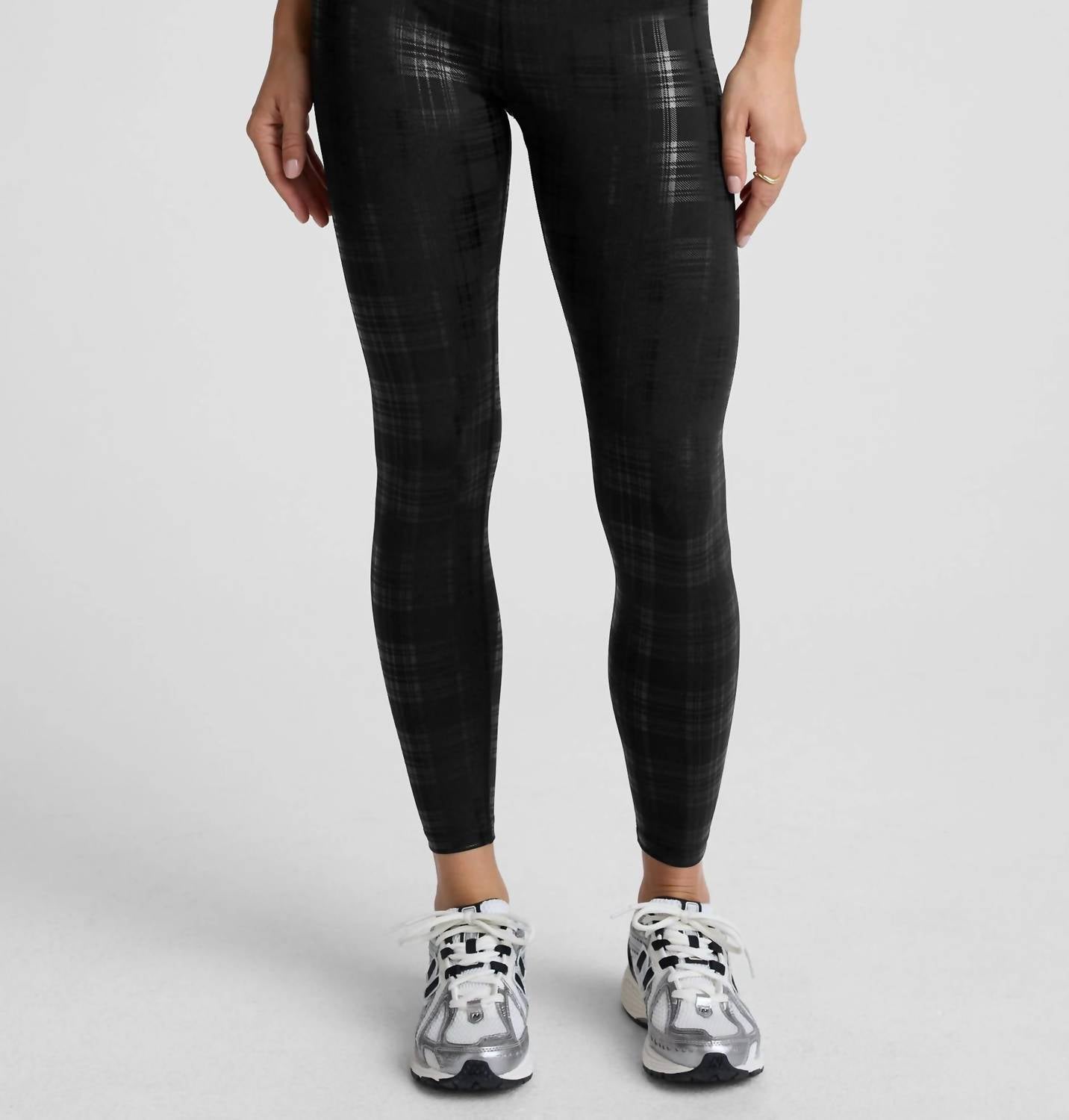 BEYOND YOGA High Waisted Midi Legging in plaid foil black - women's pants - detail view