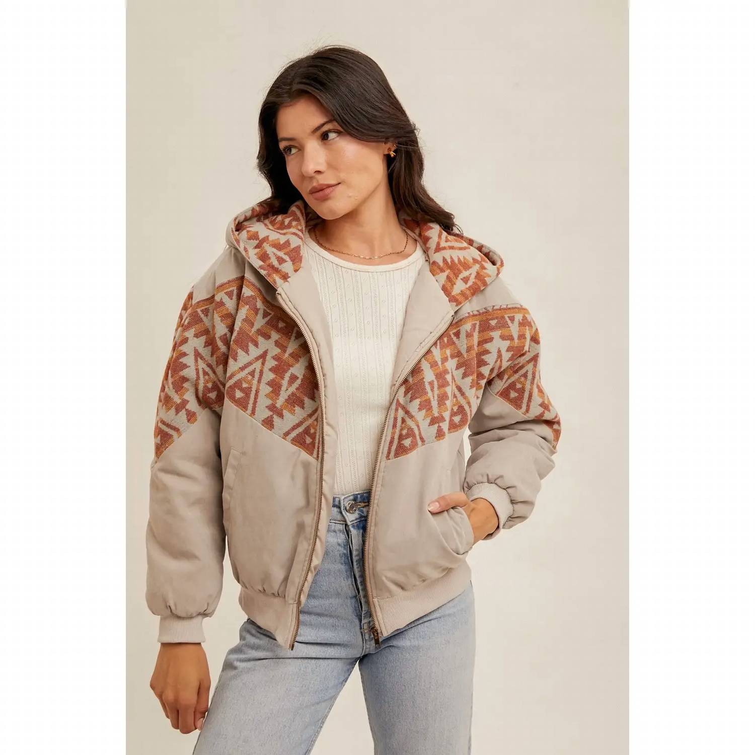 Hem & Thread - Aztec Contrast Zipper Hoodie Jacket