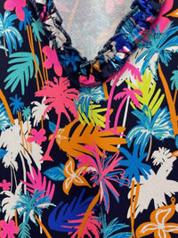 Beachtime - Women's Ruffle V-neck and Hem Palm Tree Print Dress