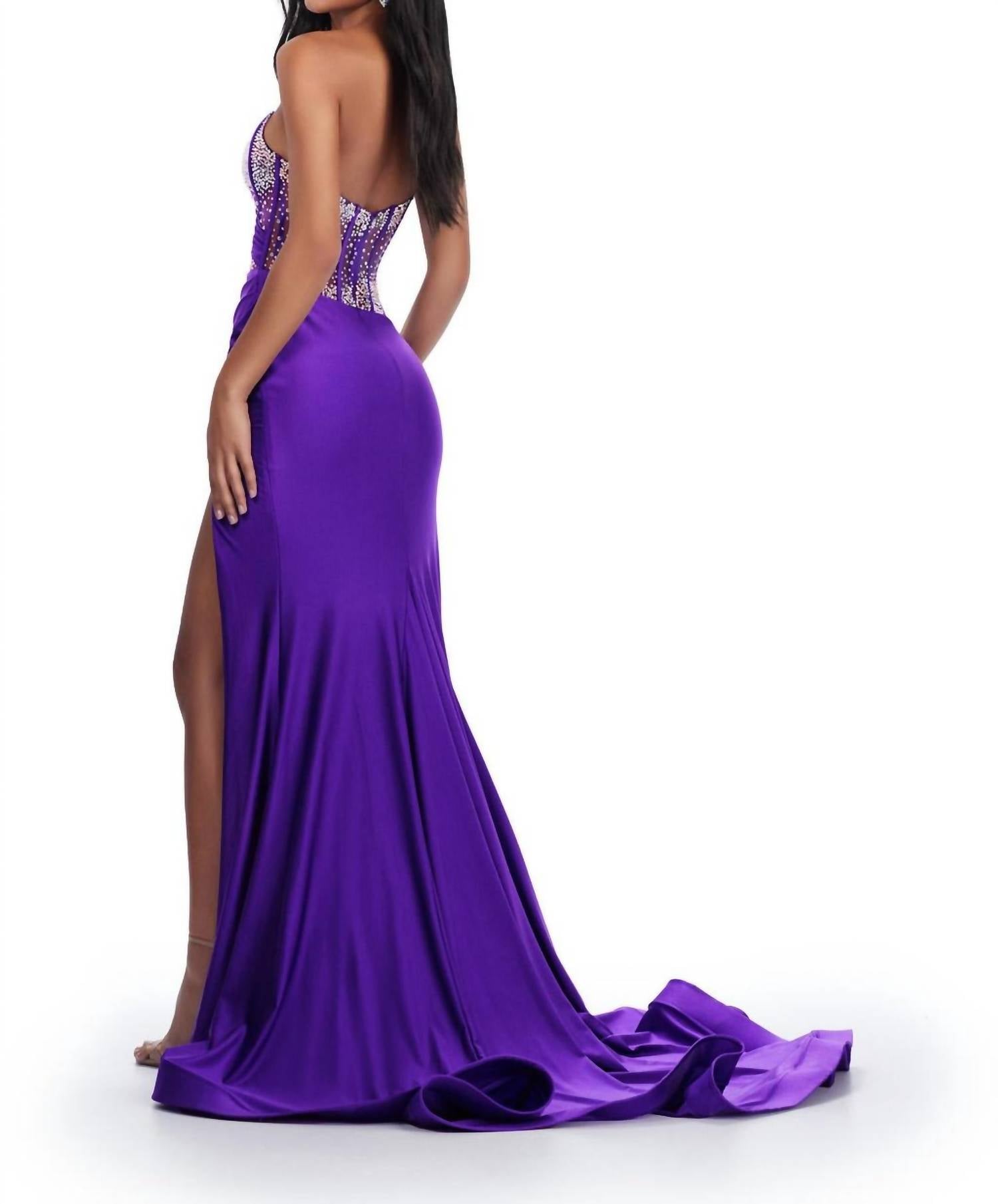 ASHLEYlauren One Shoulder Corset Bustier Prom Dress in purple - women's dress - detail view