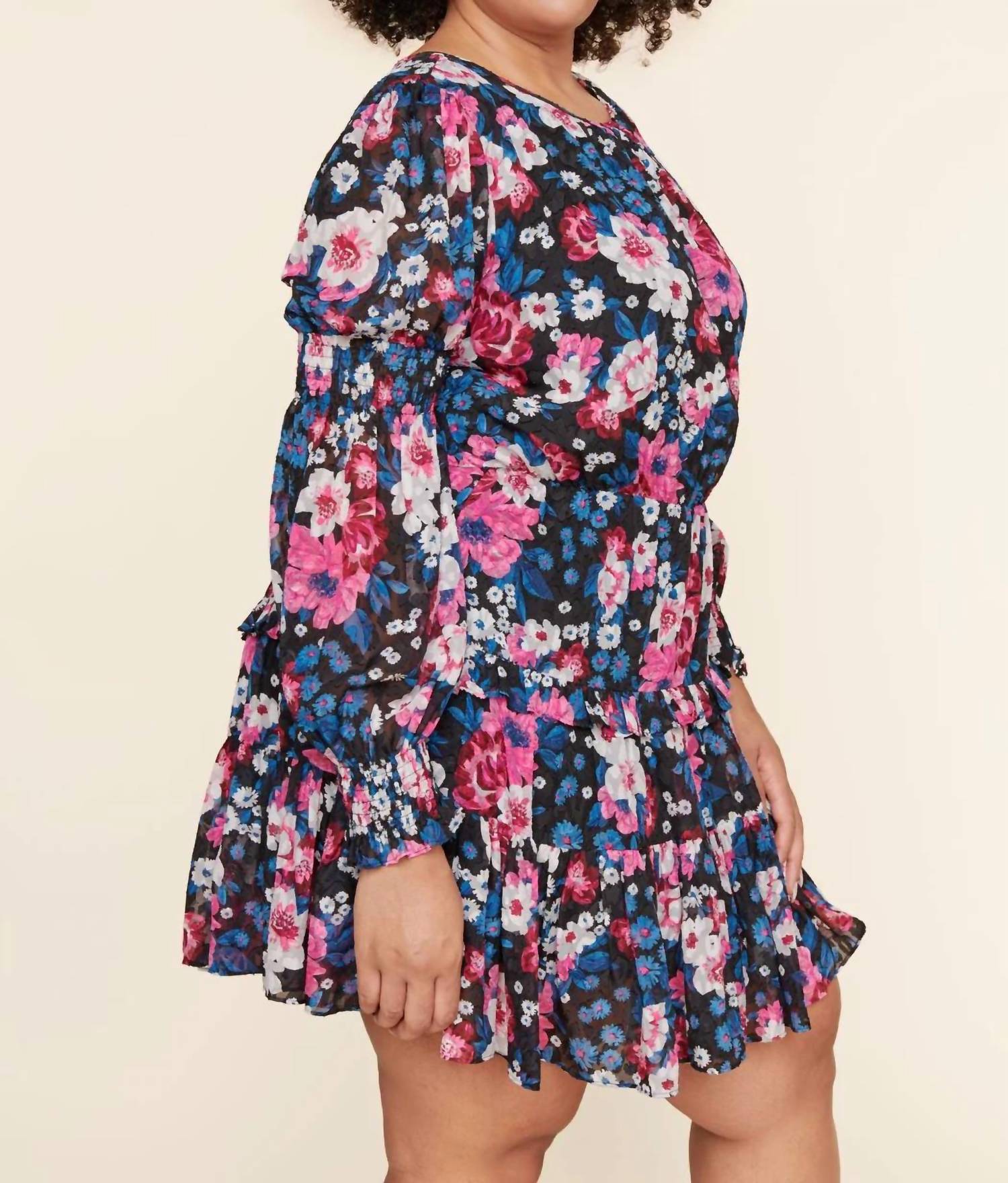 Sugarlips - Plus Wild Floral Bubble Sleeve Ruffle Mini Dress Curve