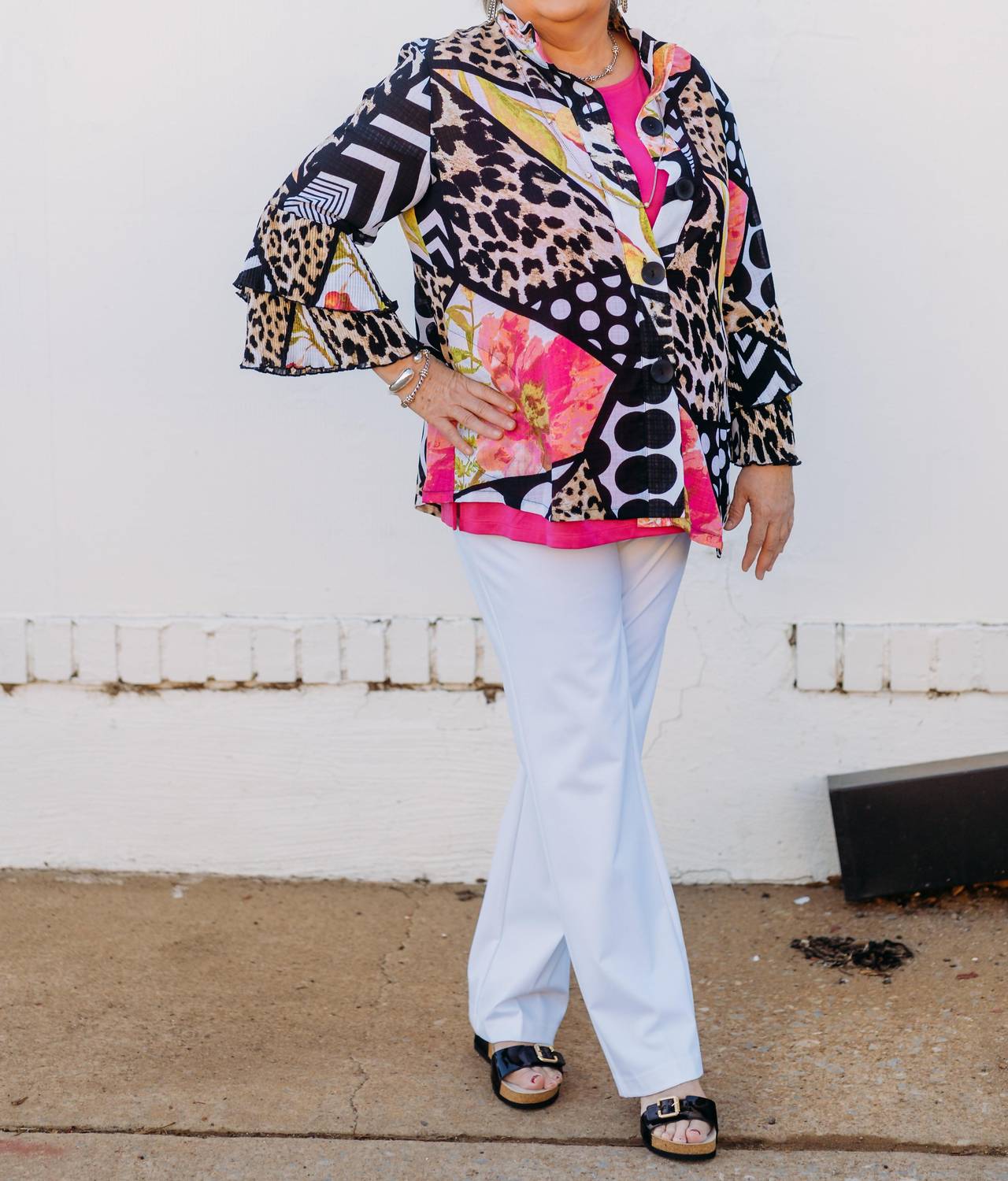 Multiples - Dbl Peated Flounce 3/4 Sleeve Button Top